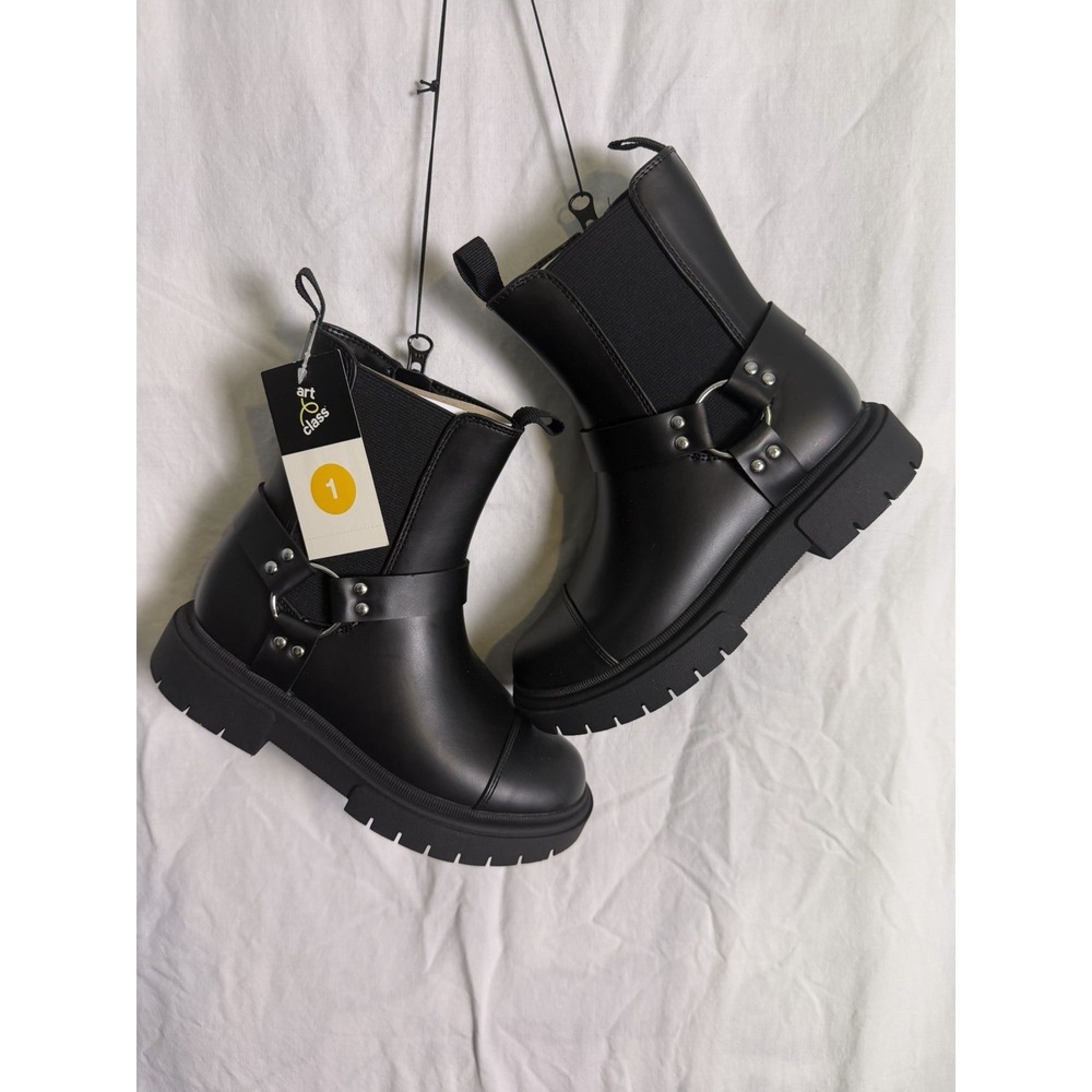 Art Class Crosby Black Harness Boots Kids Size 1 Side Zip Moto Biker Boot NWT